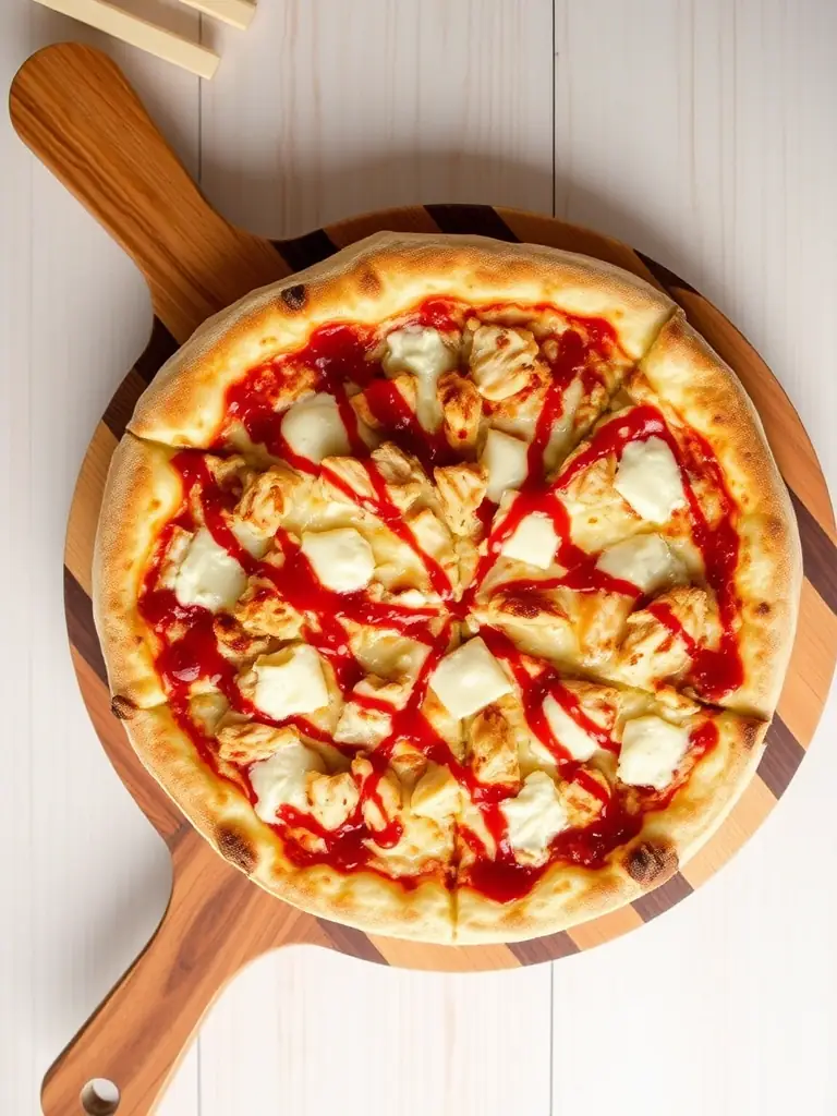 A vibrant, overhead shot of a 'Swiss Chalet Special' pizza, featuring rotisserie chicken, Swiss cheese, and a drizzle of Chalet sauce on a golden-brown crust, presented on a wooden pizza peel.