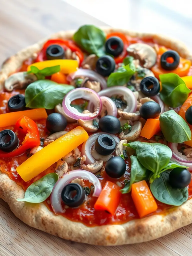 A mouthwatering image of a 'Vegetarian Pizza' loaded with colorful vegetables like bell peppers, mushrooms, onions, and olives, topped with melted mozzarella cheese on a whole wheat crust.
