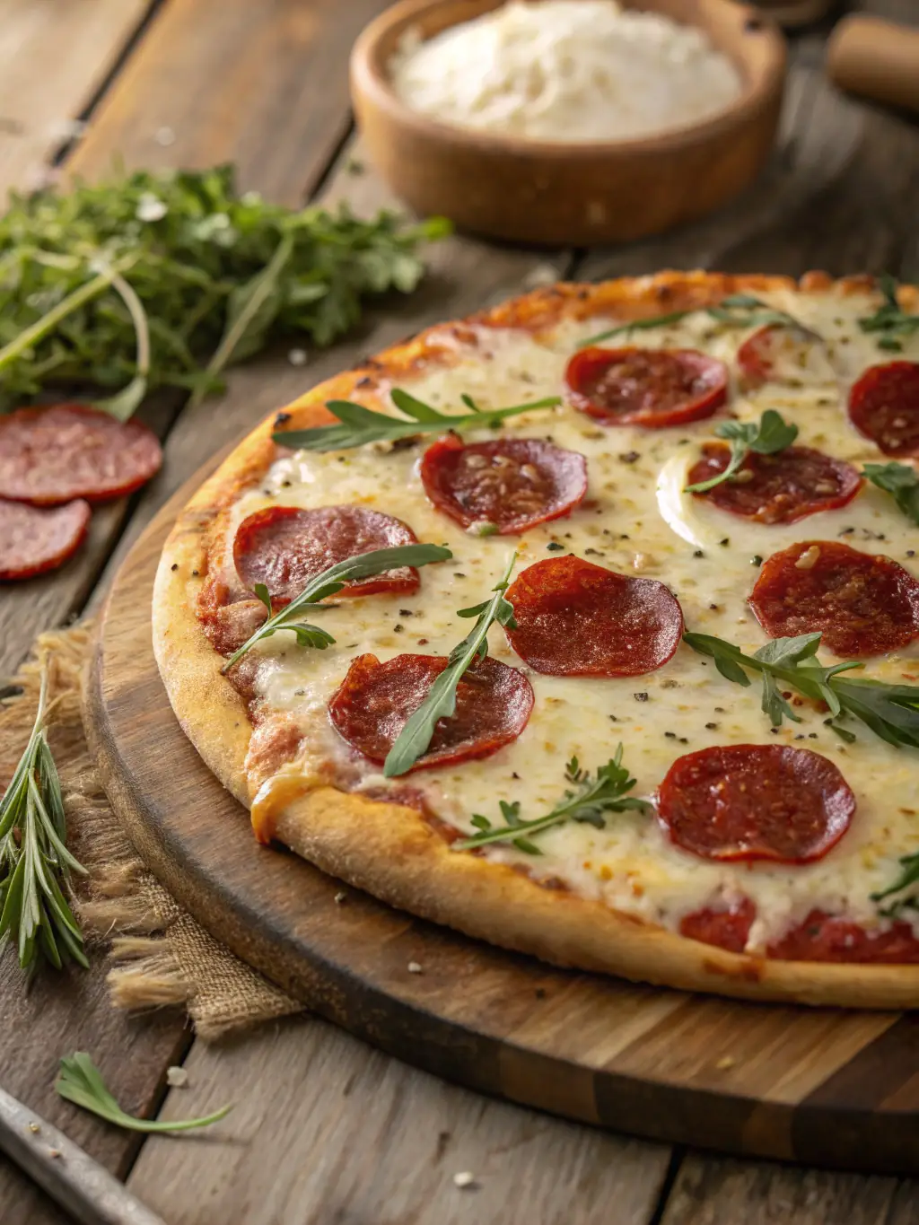A visually appealing image of a 'Classic Pepperoni Pizza' with perfectly browned pepperoni slices, melted mozzarella cheese, and a vibrant red tomato sauce on a crispy crust.