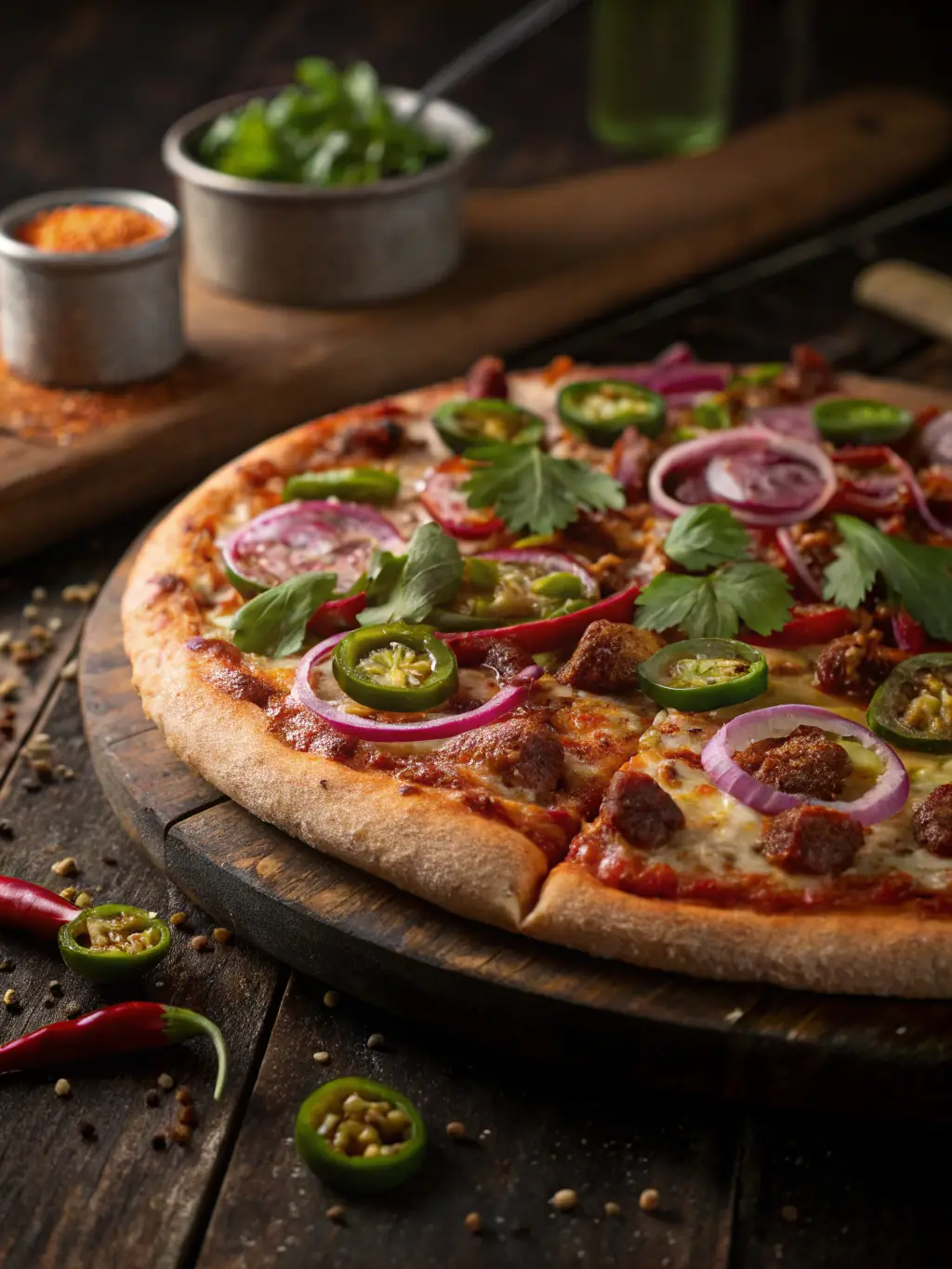 A close-up image of a 'Spicy Chicken Pizza' with visible jalapeños, grilled chicken pieces, and a blend of melted mozzarella and cheddar cheese, highlighting the spicy and savory elements.