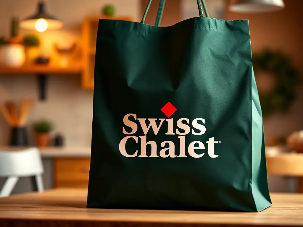 A close-up shot of a Swiss Chalet delivery bag with the company logo, showcasing the professional and reliable delivery service.