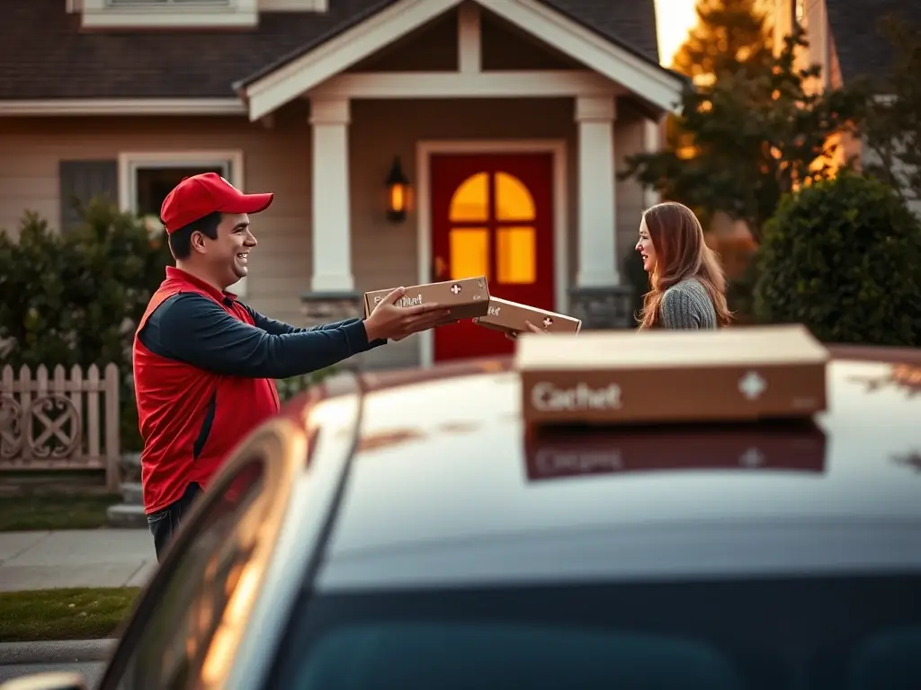 A Swiss Chalet delivery car parked outside a suburban home, with a delivery driver handing a pizza box to a smiling customer at the door.