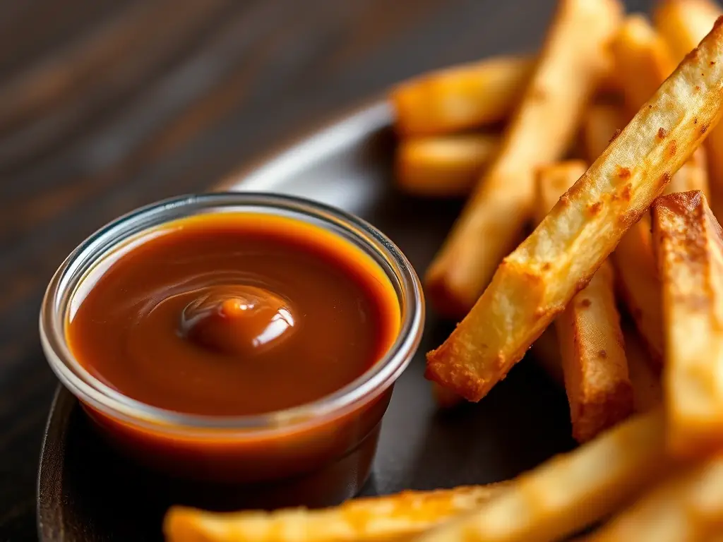 A close-up shot of Swiss Chalet's signature Chalet Sauce in a small container, next to a plate of golden fries, showcasing the perfect dipping combination.