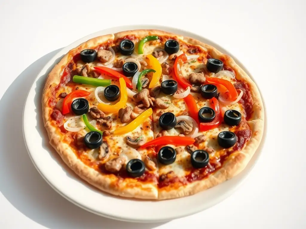 A Swiss Chalet's Vegetarian pizza with a colorful assortment of fresh vegetables, including bell peppers, mushrooms, onions, and olives, on a crispy crust.