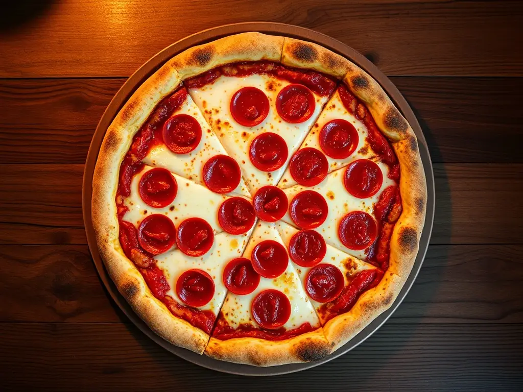 A Swiss Chalet's Pepperoni pizza with generous slices of pepperoni, melted cheese, and a golden-brown crust, highlighting its savory and comforting appeal.